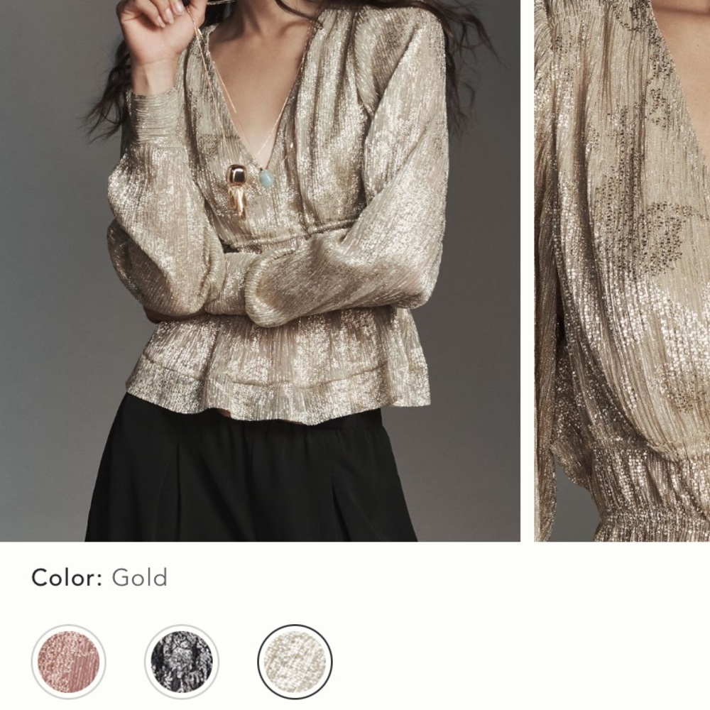 Anthropologie Metallic Smocked Gold Shimmer Blouse